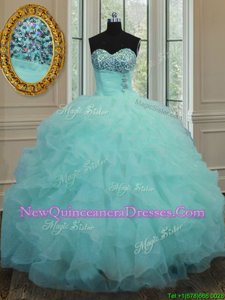 Best Aqua Blue Organza Lace Up Sweetheart Sleeveless Floor Length Quinceanera Gown Beading and Ruffles