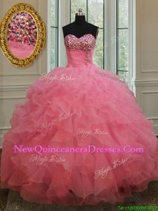 Ball Gowns 15 Quinceanera Dress Rose Pink Sweetheart Organza Sleeveless Floor Length Lace Up