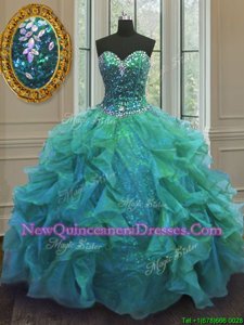 Sexy Sweetheart Sleeveless Sweet 16 Dresses Floor Length Beading and Ruffles Turquoise Organza and Sequined