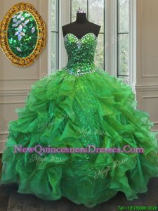 Spring Green Quinceanera Gowns Military Ball and Sweet 16 and Quinceanera and For withBeading and Ruffles Sweetheart Sleeveless Lace Up