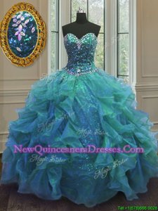 Adorable Sleeveless Floor Length Beading and Ruffles Lace Up Quinceanera Dresses with Blue