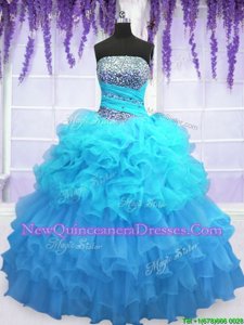 Dynamic Aqua Blue Ball Gowns Strapless Sleeveless Organza Floor Length Lace Up Beading and Ruffled Layers and Pick Ups Sweet 16 Dresses