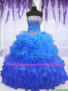Unique Strapless Sleeveless Quince Ball Gowns Floor Length Beading and Ruffled Layers and Pick Ups Blue Organza