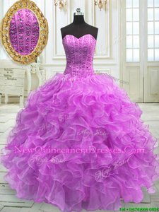 Lilac Lace Up Sweetheart Beading and Ruffles Quinceanera Dress Organza Sleeveless