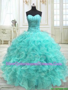 Aqua Blue Sleeveless Organza Lace Up 15th Birthday Dress for Military Ball and Sweet 16 and Quinceanera