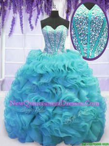 Aqua Blue Lace Up Ball Gown Prom Dress Beading and Ruffles Sleeveless Sweep Train