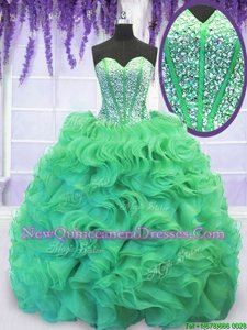 Delicate Turquoise Organza Lace Up Sweetheart Sleeveless With Train Quinceanera Dress Brush Train Beading and Ruffles