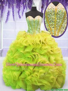Spectacular Yellow Green Quinceanera Gown Military Ball and Sweet 16 and Quinceanera and For withBeading and Ruffles Sweetheart Sleeveless Sweep Train Lace Up