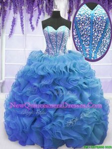 Enchanting Baby Blue Lace Up Sweetheart Beading and Ruffles Ball Gown Prom Dress Organza Sleeveless Sweep Train