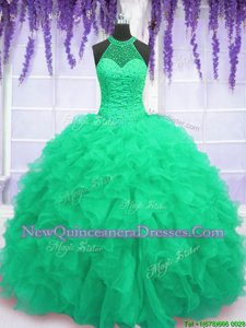 Hot Sale Turquoise Ball Gowns High-neck Sleeveless Organza Floor Length Lace Up Beading and Ruffles Ball Gown Prom Dress