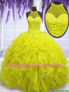 Fantastic High-neck Sleeveless Quinceanera Gown Floor Length Beading and Ruffles Yellow Organza