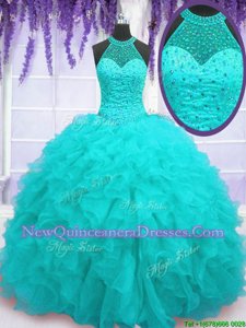 Luxurious Floor Length Lace Up Quinceanera Gowns Aqua Blue and In for Military Ball and Sweet 16 and Quinceanera withBeading and Ruffles