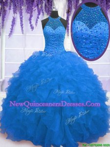 Simple Floor Length Blue Sweet 16 Quinceanera Dress High-neck Sleeveless Zipper