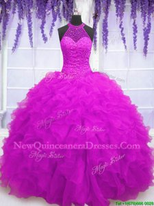 Fitting High-neck Sleeveless Organza Quinceanera Dress Beading and Ruffles Lace Up