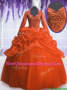 Sequins and Pick Ups Quinceanera Gown Orange Zipper Long Sleeves Floor Length
