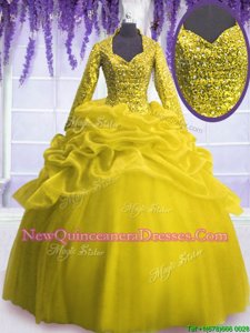 Pretty Long Sleeves Organza Floor Length Zipper Quinceanera Gowns inYellow withSequins and Pick Ups