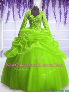 Latest Long Sleeves Floor Length Zipper Quinceanera Gown Spring Green and In for Military Ball and Sweet 16 and Quinceanera withSequins and Pick Ups