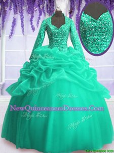 Lovely Spring and Summer and Fall and Winter Organza Long Sleeves Floor Length Quinceanera Dress andSequins and Pick Ups
