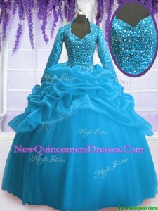 High Quality Baby Blue Zipper Quinceanera Gowns Sequins and Pick Ups Long Sleeves Floor Length