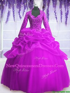 Elegant Long Sleeves Floor Length Sequins and Pick Ups Zipper 15 Quinceanera Dress with Purple