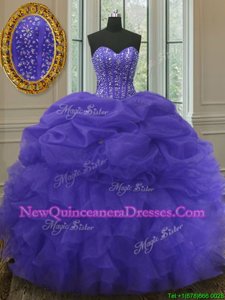 Affordable Sleeveless Organza Floor Length Lace Up Quinceanera Gowns inPurple withBeading and Ruffles and Pick Ups