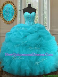 Free and Easy Aqua Blue Lace Up Quince Ball Gowns Beading and Ruffles and Pick Ups Sleeveless Floor Length