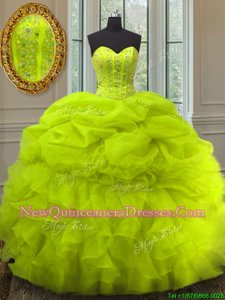 Hot Selling Beading and Ruffles and Pick Ups Quince Ball Gowns Yellow Green Lace Up Sleeveless Floor Length
