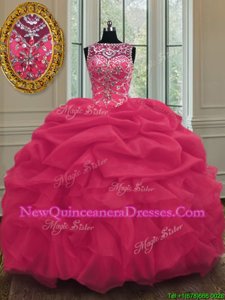 Smart Scoop Pick Ups Coral Red Sleeveless Organza Lace Up 15 Quinceanera Dress for Military Ball and Sweet 16 and Quinceanera
