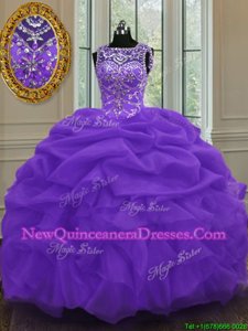 Gorgeous Scoop Eggplant Purple Ball Gowns Beading and Pick Ups Vestidos de Quinceanera Lace Up Organza Sleeveless Floor Length