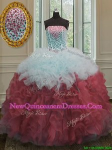 Noble White And Red Lace Up Quinceanera Dresses Beading and Ruffles Sleeveless Floor Length