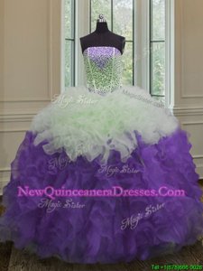 Unique White And Purple Ball Gowns Beading and Ruffles Quinceanera Dress Lace Up Organza Sleeveless Floor Length