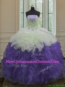 Classical Beading and Ruffles Quinceanera Dresses White And Purple Lace Up Sleeveless Floor Length