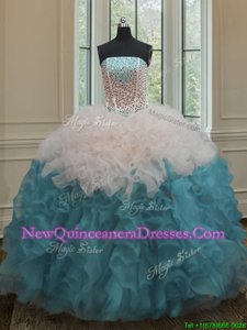 Low Price Blue And White Ball Gowns Organza Strapless Sleeveless Beading and Ruffles Floor Length Lace Up Quinceanera Gowns