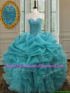 Fine Sleeveless Organza Floor Length Lace Up Sweet 16 Dresses inAqua Blue withBeading and Ruffles