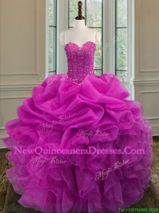 Fuchsia Ball Gowns Beading and Ruffles 15 Quinceanera Dress Lace Up Organza Sleeveless Floor Length