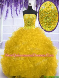 Traditional Beading and Ruffles Ball Gown Prom Dress Gold Lace Up Sleeveless With Brush Train