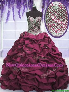 Chic Burgundy Ball Gowns Beading and Sequins and Pick Ups 15th Birthday Dress Lace Up Taffeta Sleeveless Floor Length