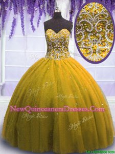 Fitting Yellow Tulle Lace Up 15 Quinceanera Dress Sleeveless Floor Length Beading