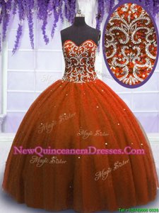 Inexpensive Rust Red Sweetheart Neckline Beading Quinceanera Dress Sleeveless Lace Up