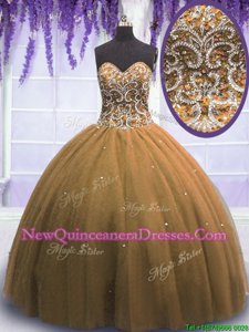 Sumptuous Brown Ball Gowns Beading Sweet 16 Dress Lace Up Tulle Sleeveless Floor Length