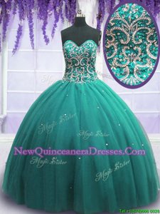 Delicate Turquoise Ball Gowns Tulle Sweetheart Sleeveless Beading Floor Length Lace Up Quinceanera Dresses