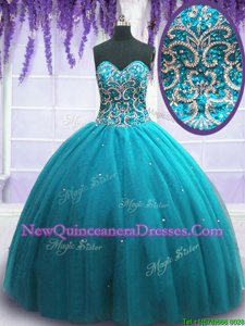 Admirable Floor Length Lace Up Quinceanera Dress Teal and In for Military Ball and Sweet 16 and Quinceanera withBeading
