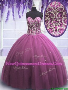 High Quality Floor Length Lilac 15 Quinceanera Dress Tulle Sleeveless Spring and Summer and Fall and Winter Beading