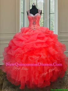 Dazzling Straps Straps Coral Red Sleeveless Beading and Ruffles Floor Length 15th Birthday Dress