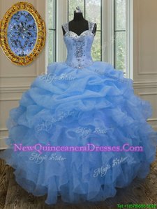 Superior Straps Straps Floor Length Blue Sweet 16 Dresses Organza Sleeveless Spring and Summer and Fall and Winter Beading and Ruffles