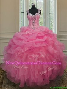 Fantastic Baby Pink Straps Zipper Beading and Ruffles 15th Birthday Dress Sleeveless