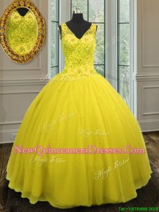 Deluxe Yellow V-neck Neckline Beading Vestidos de Quinceanera Sleeveless Zipper