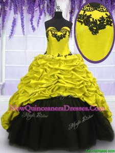 Eye-catching Taffeta Sweetheart Sleeveless Sweep Train Lace Up Appliques and Pick Ups Quinceanera Dresses inBlack and Yellow Green