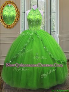Beauteous Spring Green Lace Up Halter Top Beading and Appliques Sweet 16 Dress Tulle Sleeveless
