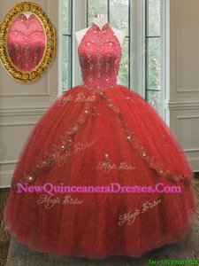 Designer Wine Red Halter Top Lace Up Beading and Appliques Vestidos de Quinceanera Sleeveless